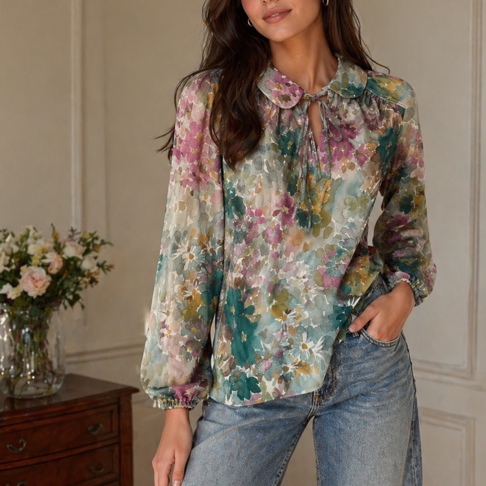 Vintage Sears Watercolor Floral Blouse Tie Neck Long Sleeve Teal Purple Sz 14 d3